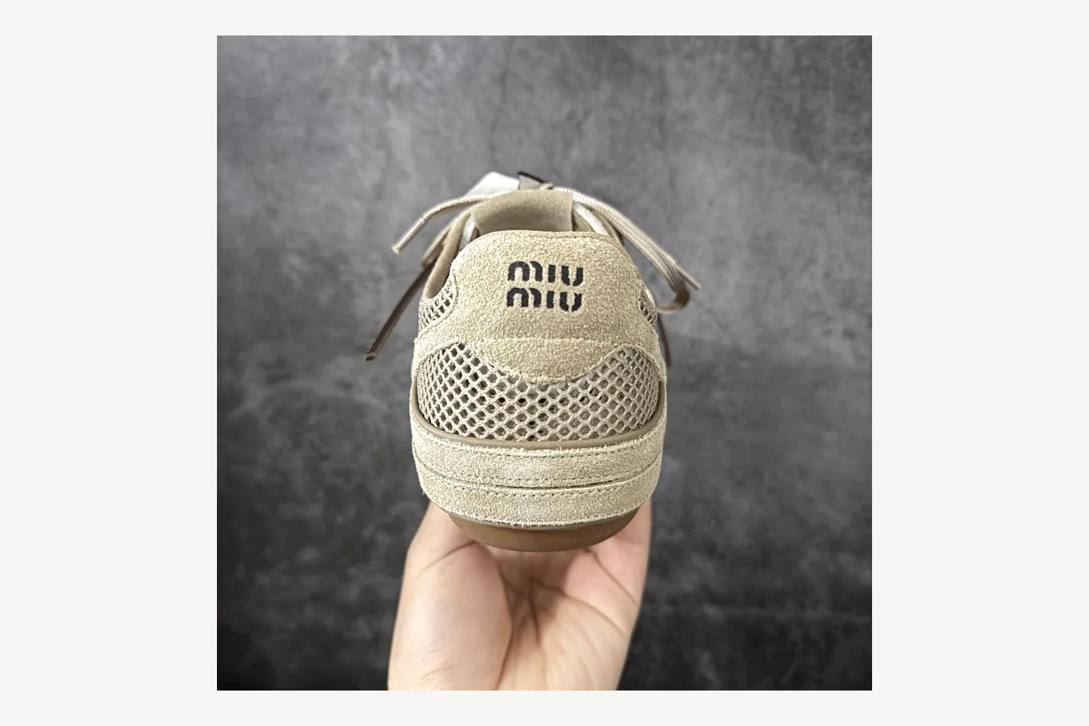 Miu Miu Beige Logo Sneaker comparison signal photo with beige logo low-top with mixed-material upper and low-profile shape thumbnail 3