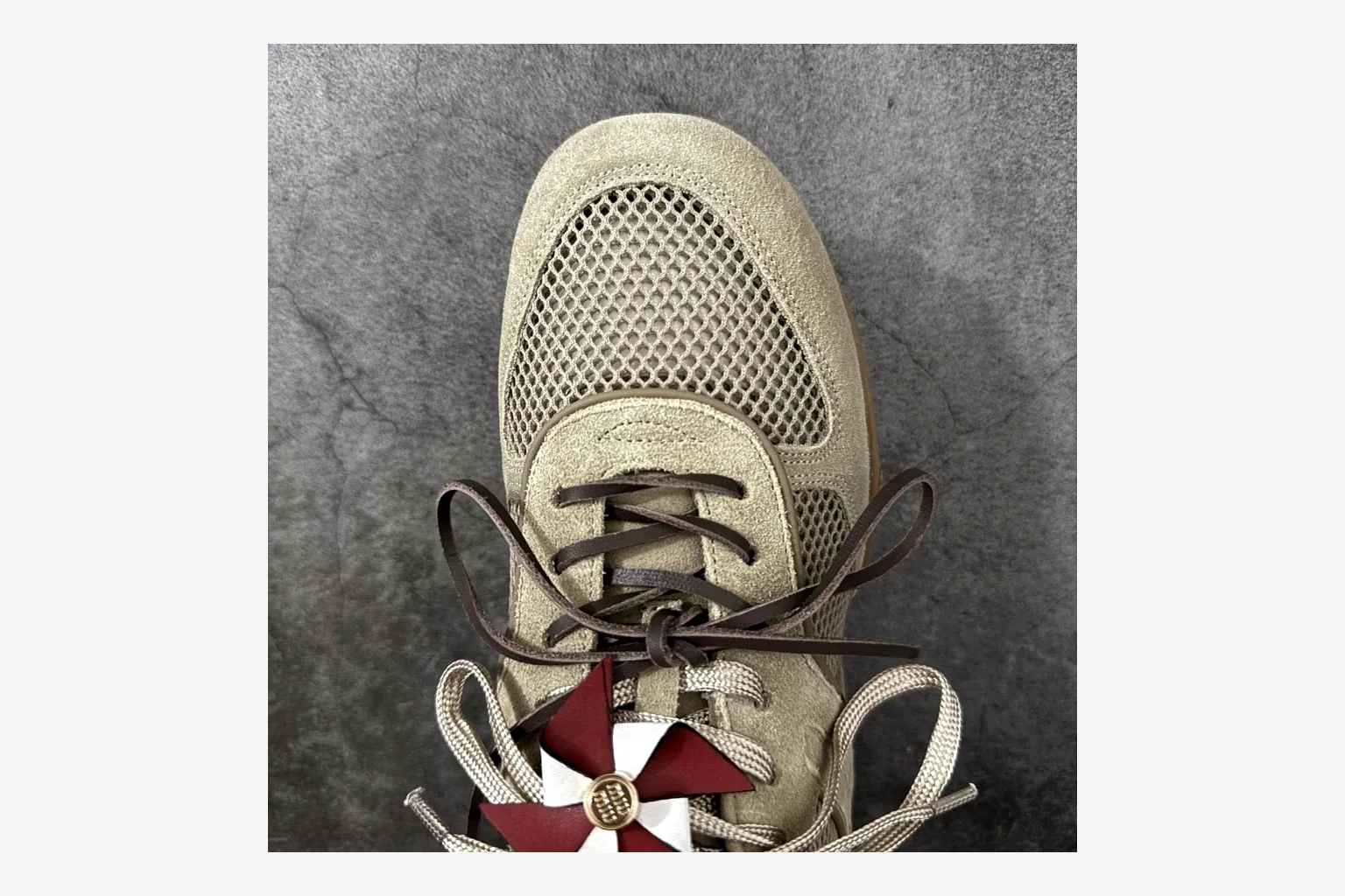 Miu Miu Beige Logo Sneaker comparison signal photo with beige logo low-top with mixed-material upper and low-profile shape thumbnail 4