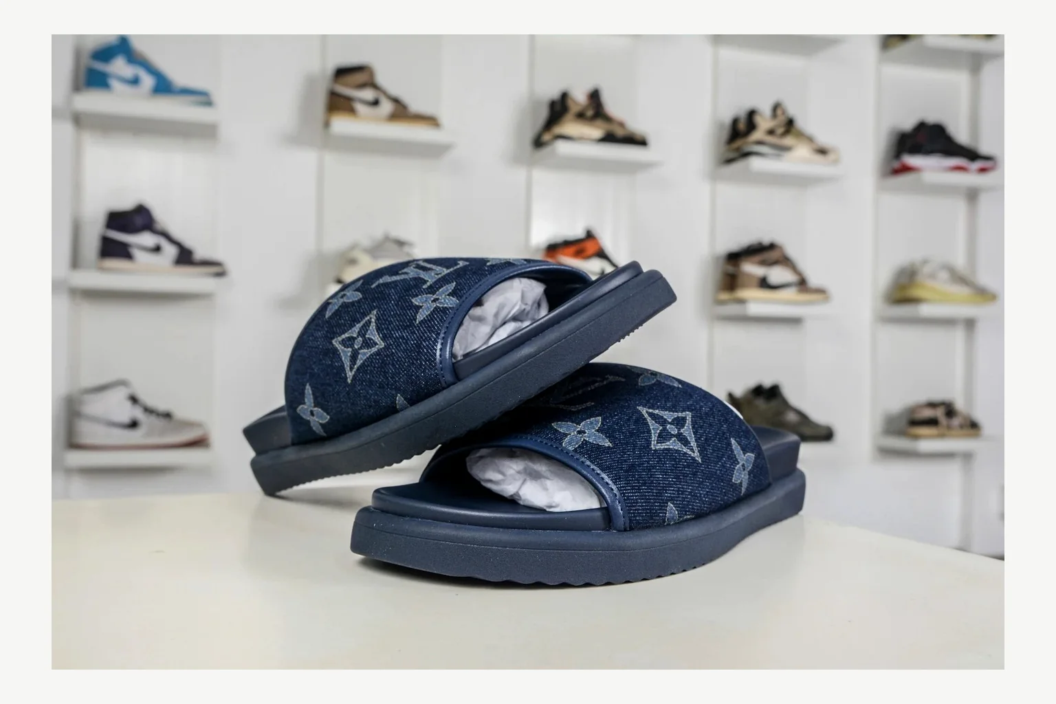 Miu Miu Navy Denim Slide comparison signal photo with navy denim denim slide with denim upper and low-profile shape thumbnail 3