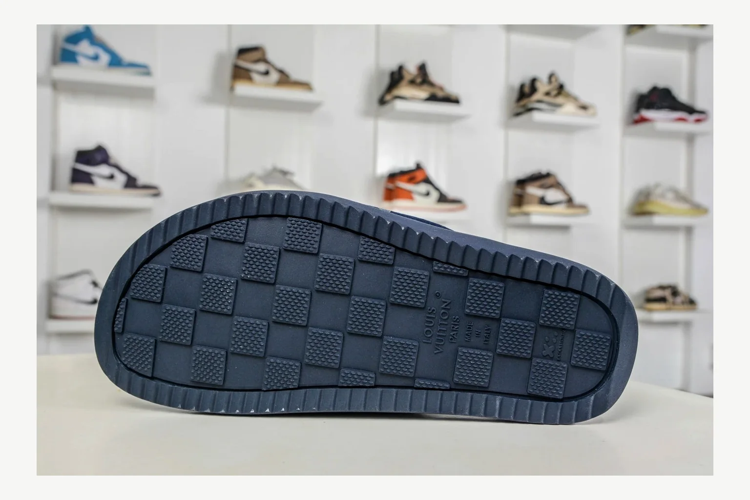 Miu Miu Navy Denim Slide comparison signal photo with navy denim denim slide with denim upper and low-profile shape thumbnail 4