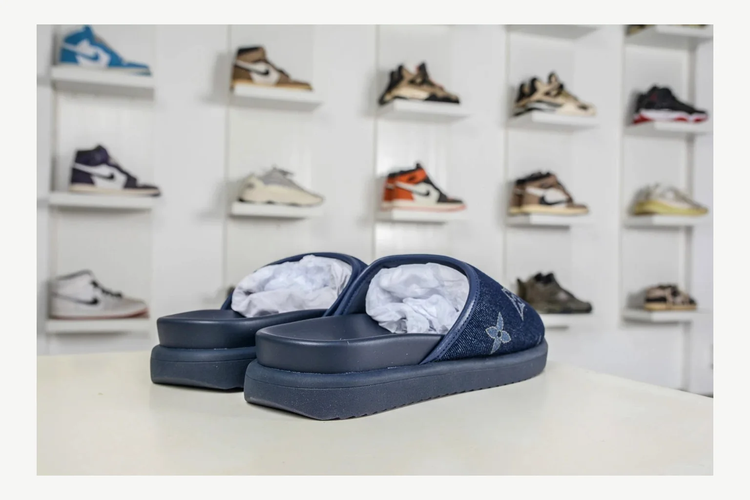 Miu Miu Navy Denim Slide comparison signal photo with navy denim denim slide with denim upper and low-profile shape thumbnail 5