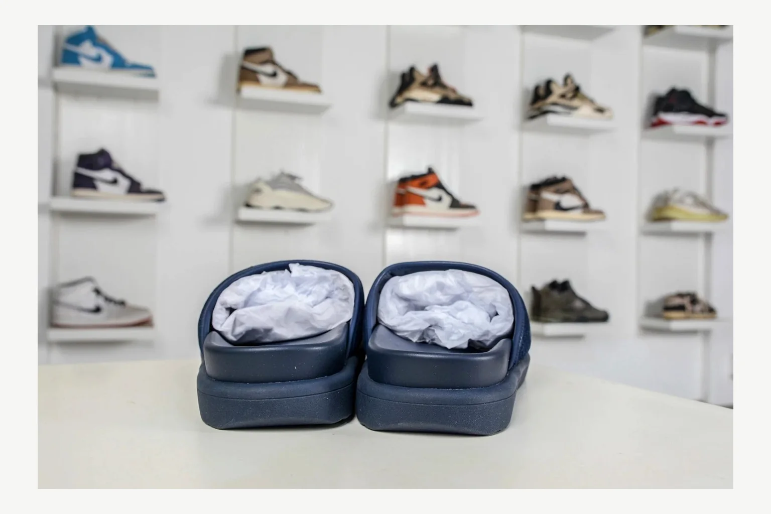 Miu Miu Navy Denim Slide comparison signal photo with navy denim denim slide with denim upper and low-profile shape thumbnail 6