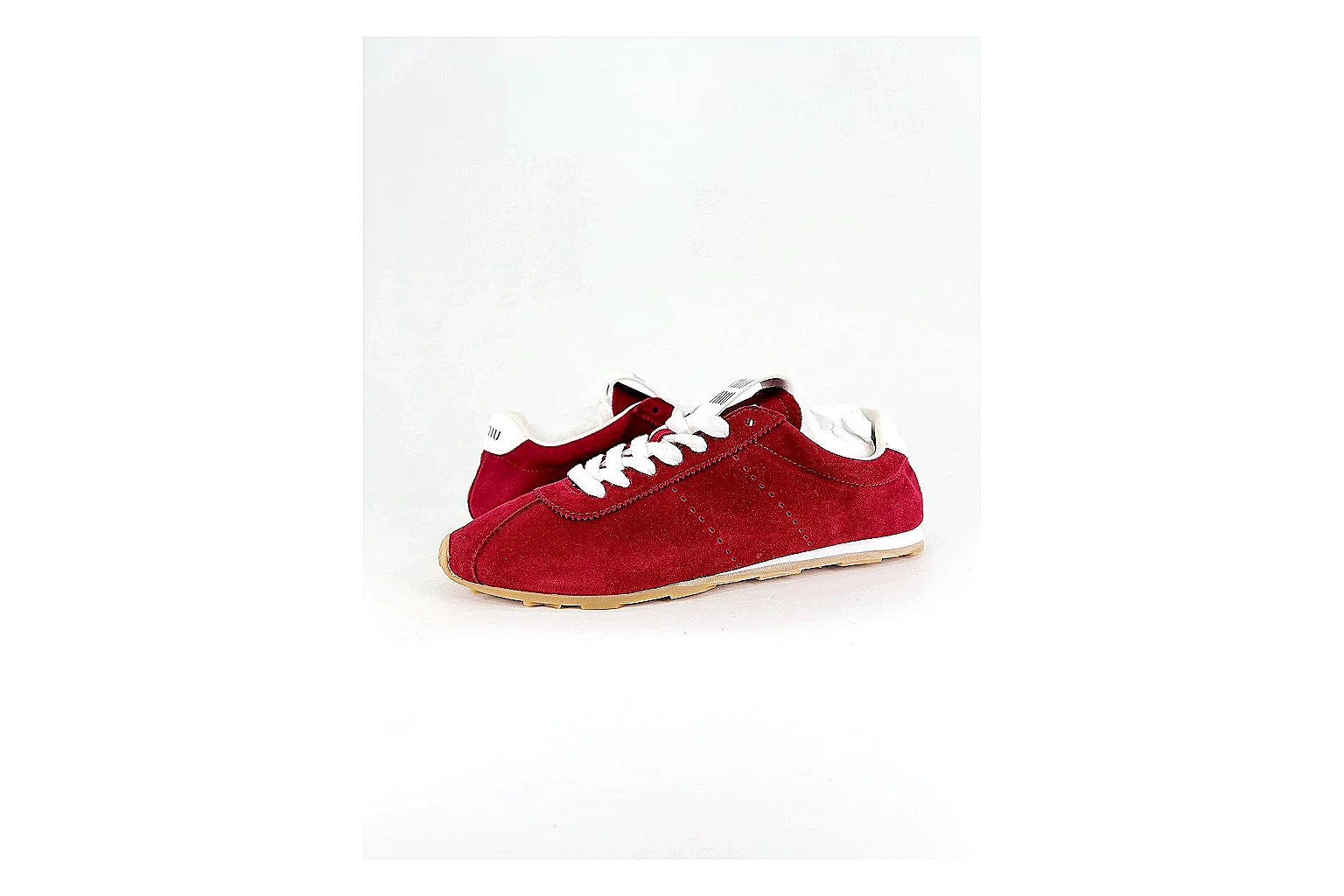 Miu Miu Red Suede Sneaker comparison signal photo with red fashion low-top with mixed-material upper and low-profile shape