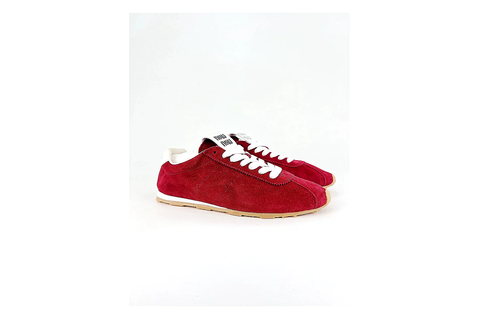 Miu Miu Red Suede Sneaker comparison signal photo with red fashion low-top with mixed-material upper and low-profile shape thumbnail 2