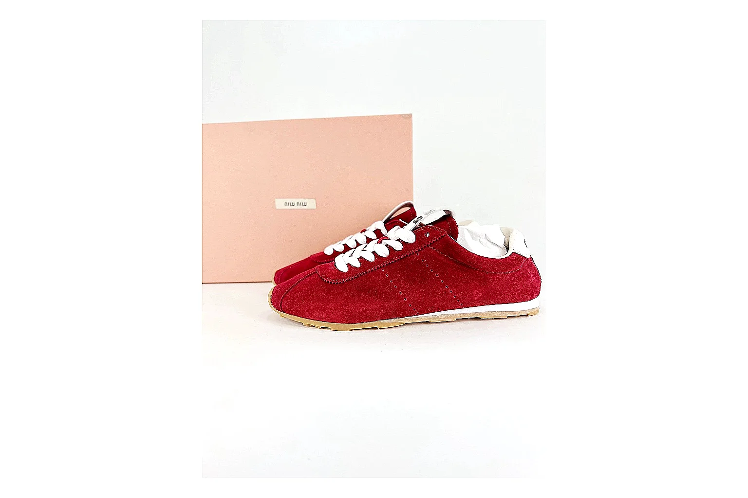 Miu Miu Red Suede Sneaker comparison signal photo with red fashion low-top with mixed-material upper and low-profile shape thumbnail 6