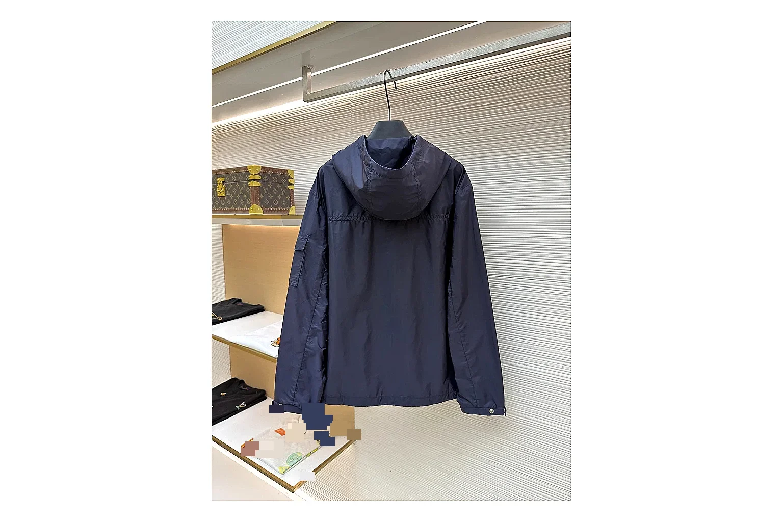 Moncler Nylon Hooded Jacket Navy Jacket comparison signal photo with navy nylon hooded jacket with nylon texture, hood structure, zipper line, sleeve cuffs, and light shell shape