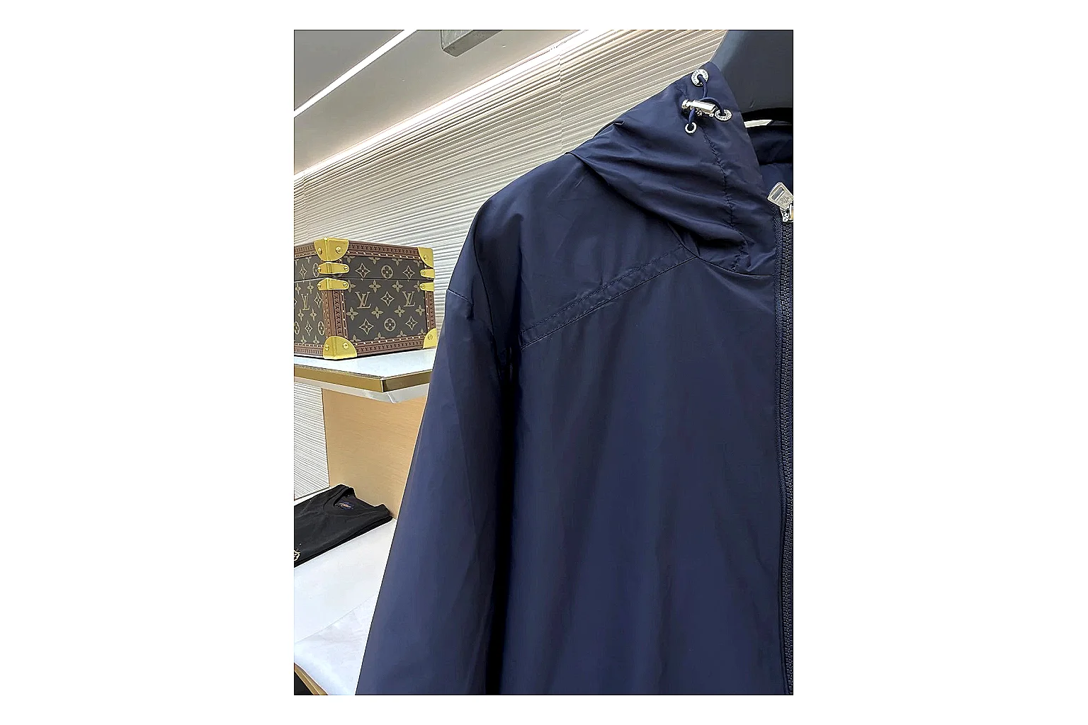 Moncler Nylon Hooded Jacket Navy Jacket comparison signal photo with navy nylon hooded jacket with nylon texture, hood structure, zipper line, sleeve cuffs, and light shell shape thumbnail 3