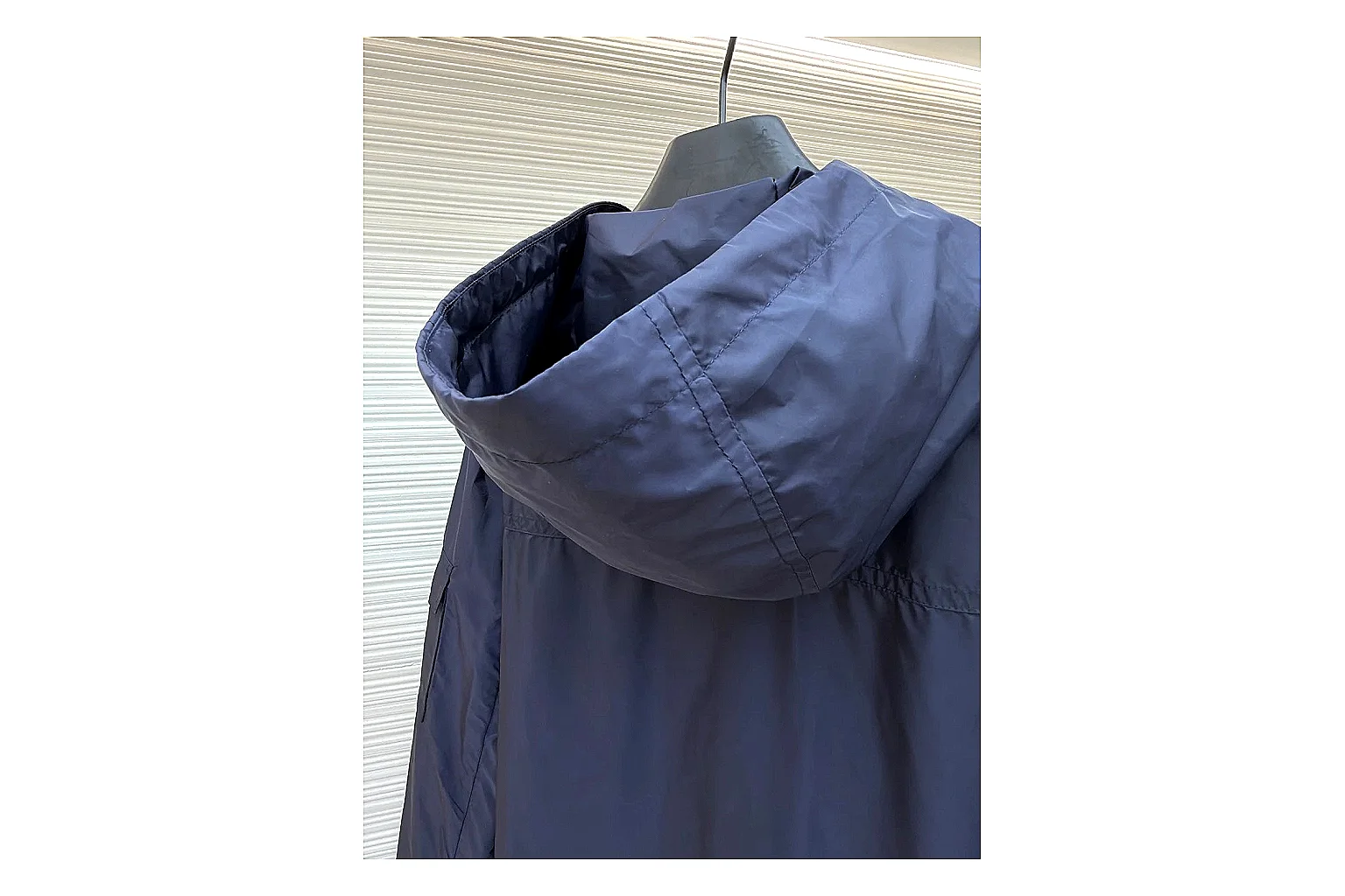 Moncler Nylon Hooded Jacket Navy Jacket comparison signal photo with navy nylon hooded jacket with nylon texture, hood structure, zipper line, sleeve cuffs, and light shell shape thumbnail 4