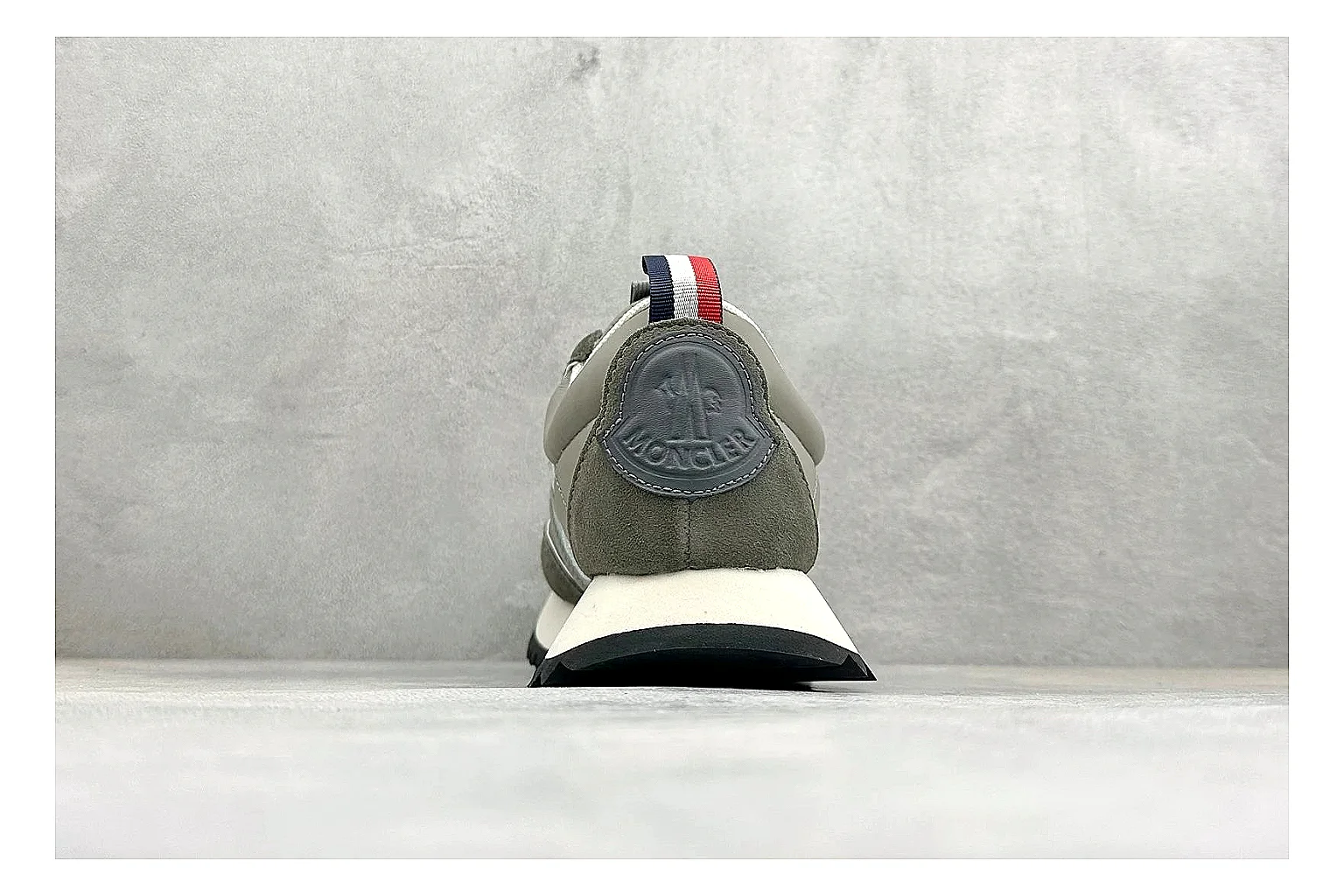 Moncler Pacey Grey Suede comparison image with grey suede upper, rugged white outsole, low collar, and soft neutral streetwear tone thumbnail 3