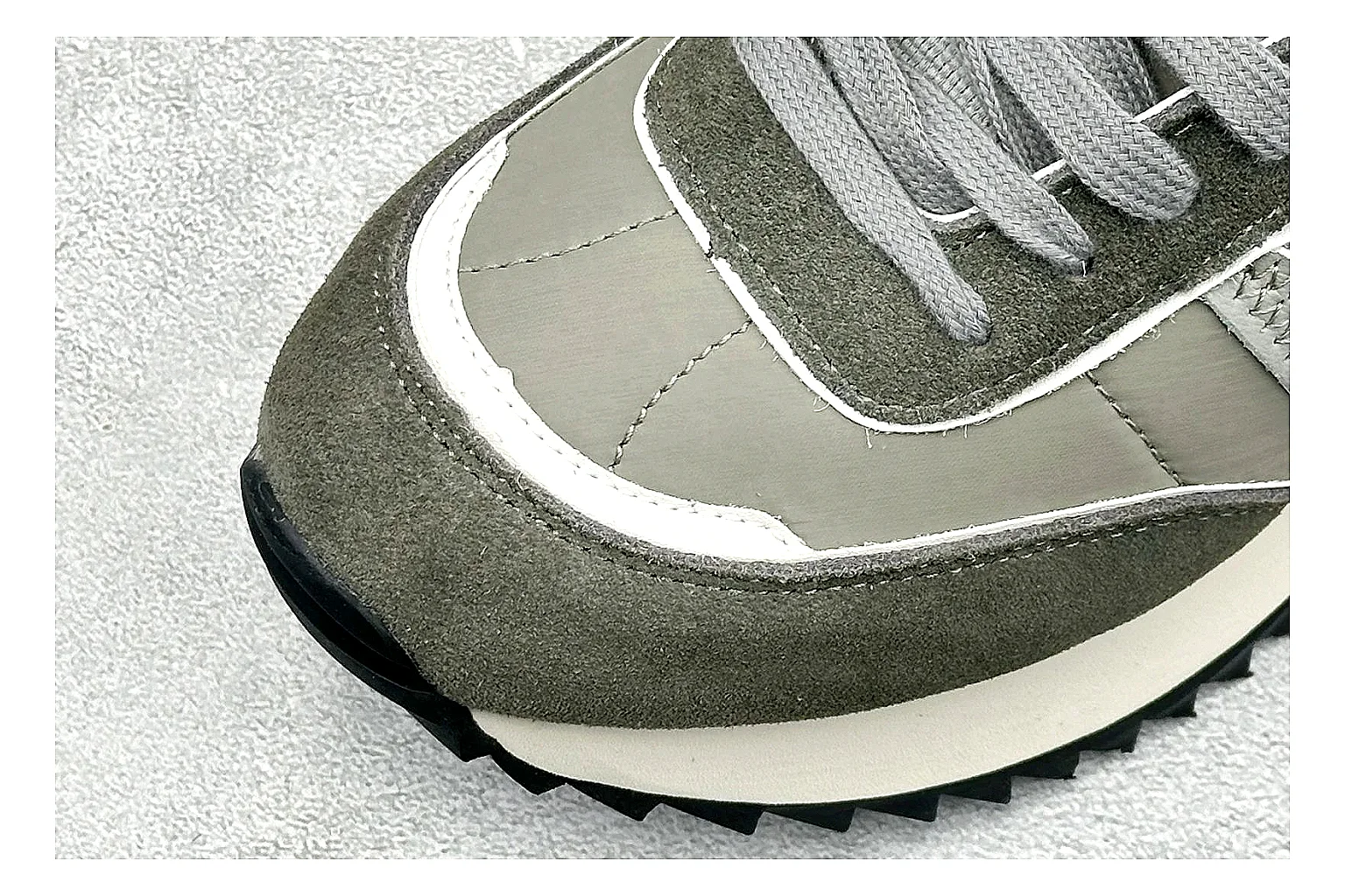 Moncler Pacey Grey Suede comparison image with grey suede upper, rugged white outsole, low collar, and soft neutral streetwear tone thumbnail 5