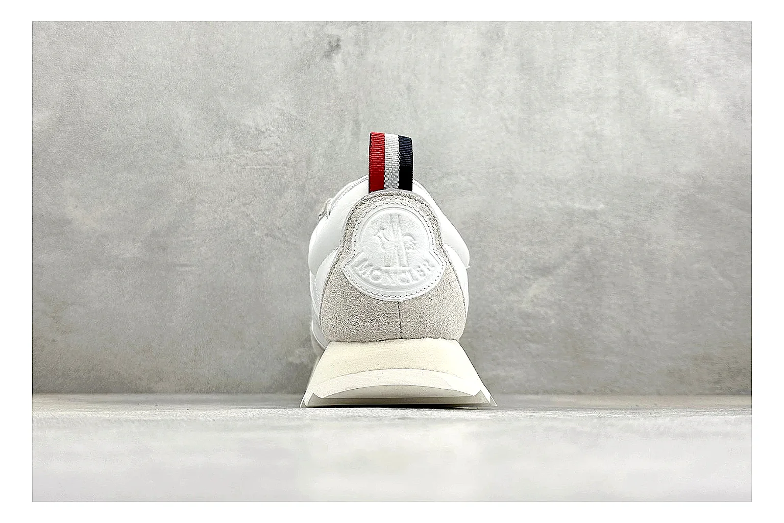 Moncler Pacey White Suede comparison image with light suede upper, chunky serrated outsole, low padded collar, and tonal casual build thumbnail 3
