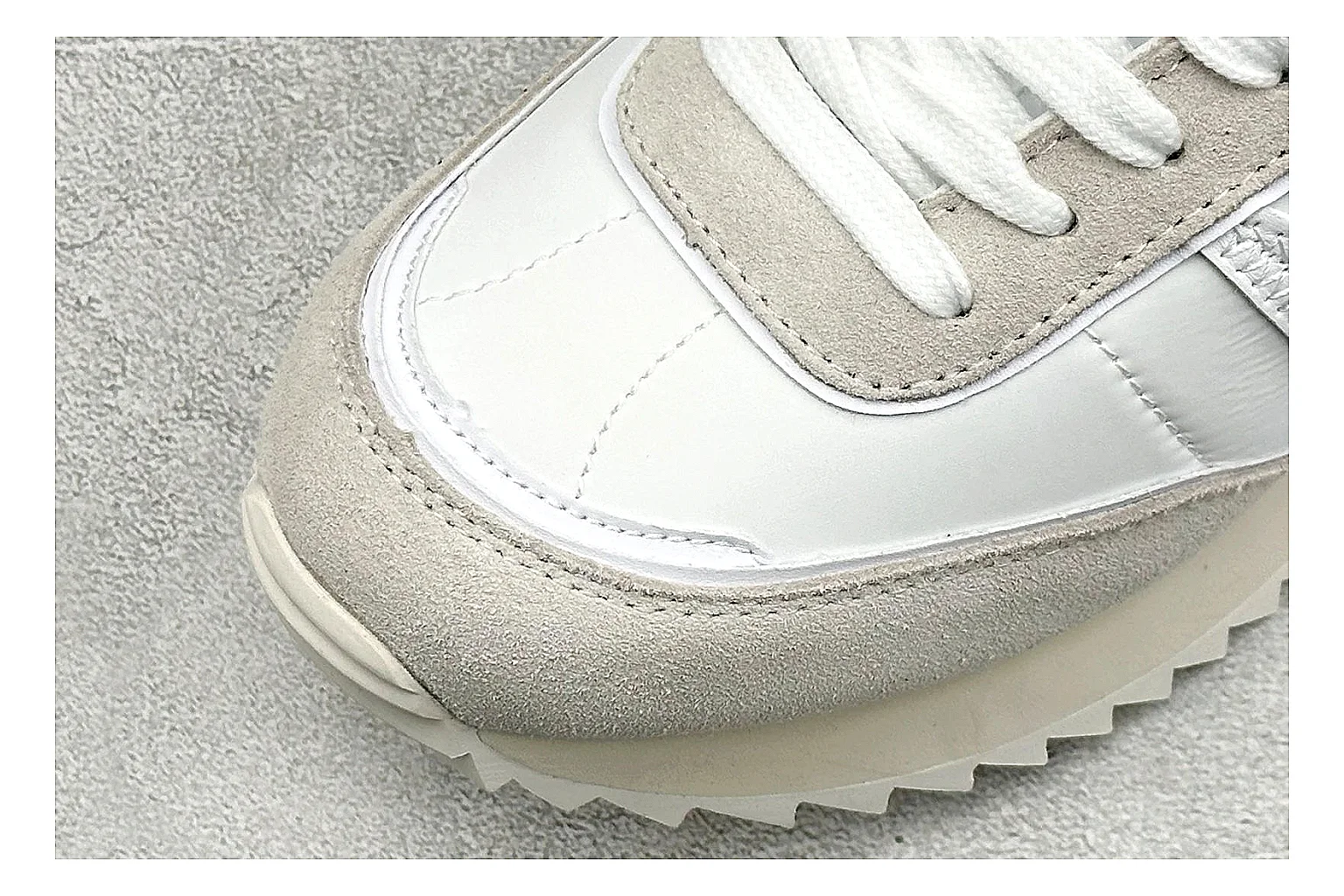 Moncler Pacey White Suede comparison image with light suede upper, chunky serrated outsole, low padded collar, and tonal casual build thumbnail 5