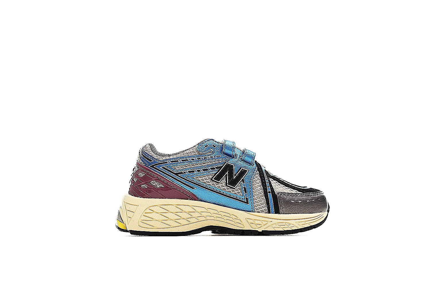 New Balance 1906R blue burgundy runner with side logo and cream midsole QC view