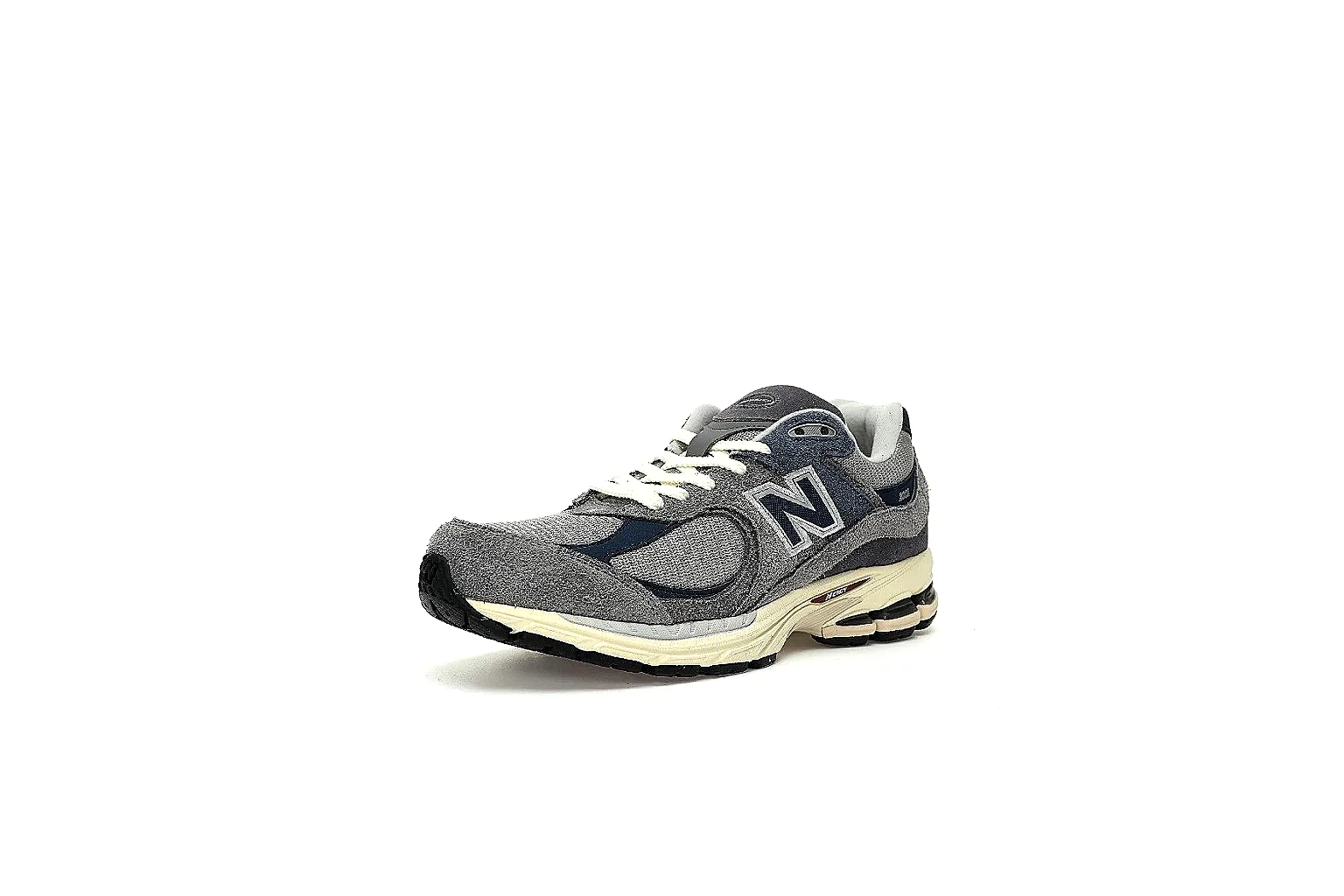 New Balance 2002R grey navy runner with side, outsole, top, and pair QC views