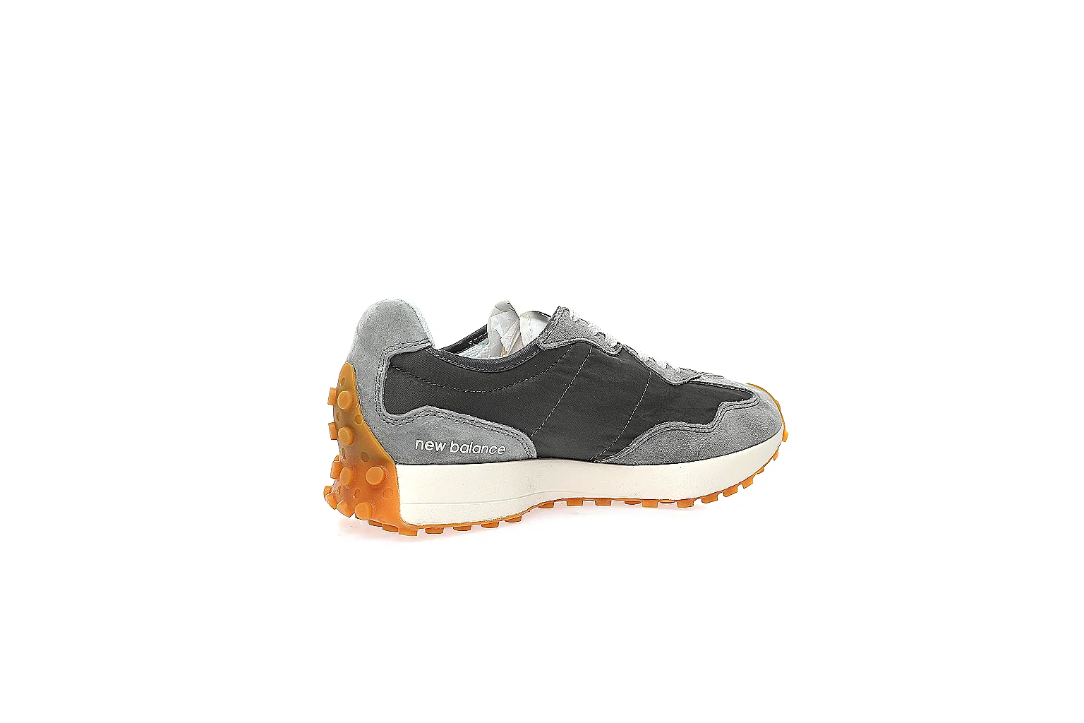 New Balance grey black runner gallery showing side logo, top view, heel branding, and gum outsole