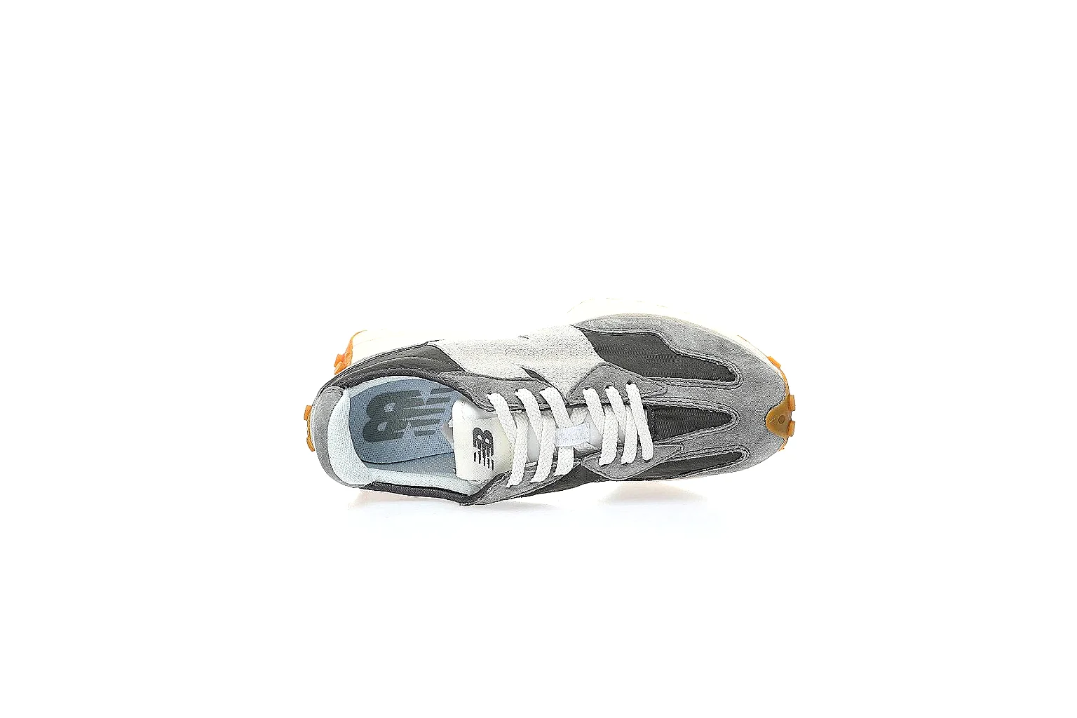 New Balance grey black runner gallery showing side logo, top view, heel branding, and gum outsole thumbnail 3