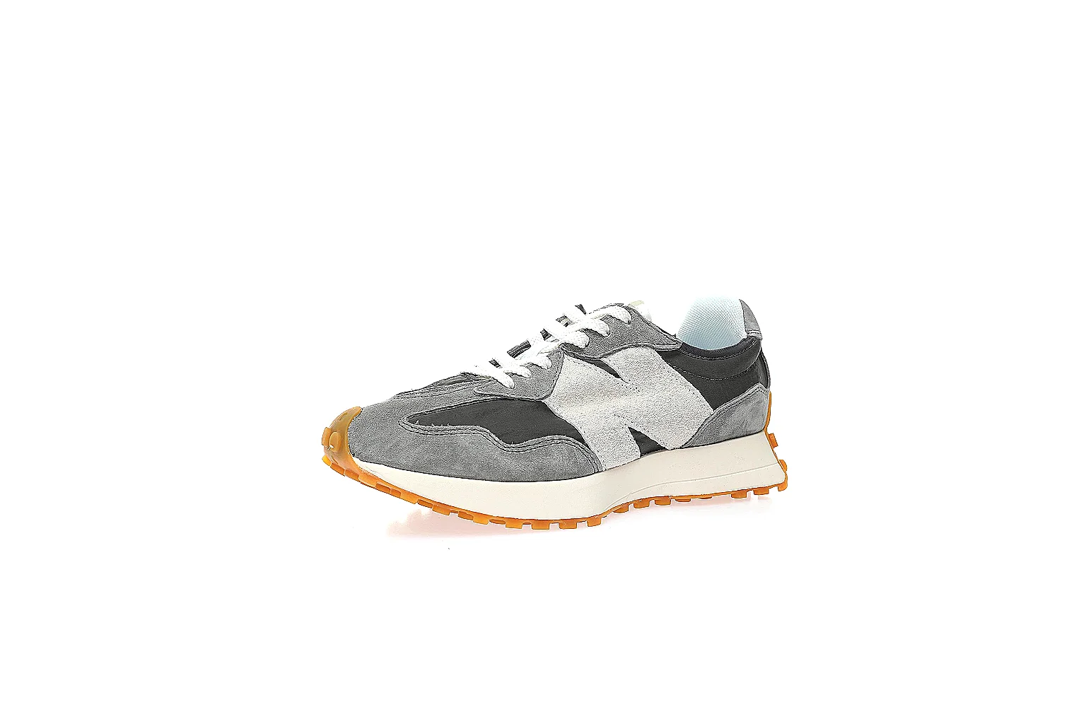 New Balance grey black runner gallery showing side logo, top view, heel branding, and gum outsole thumbnail 6