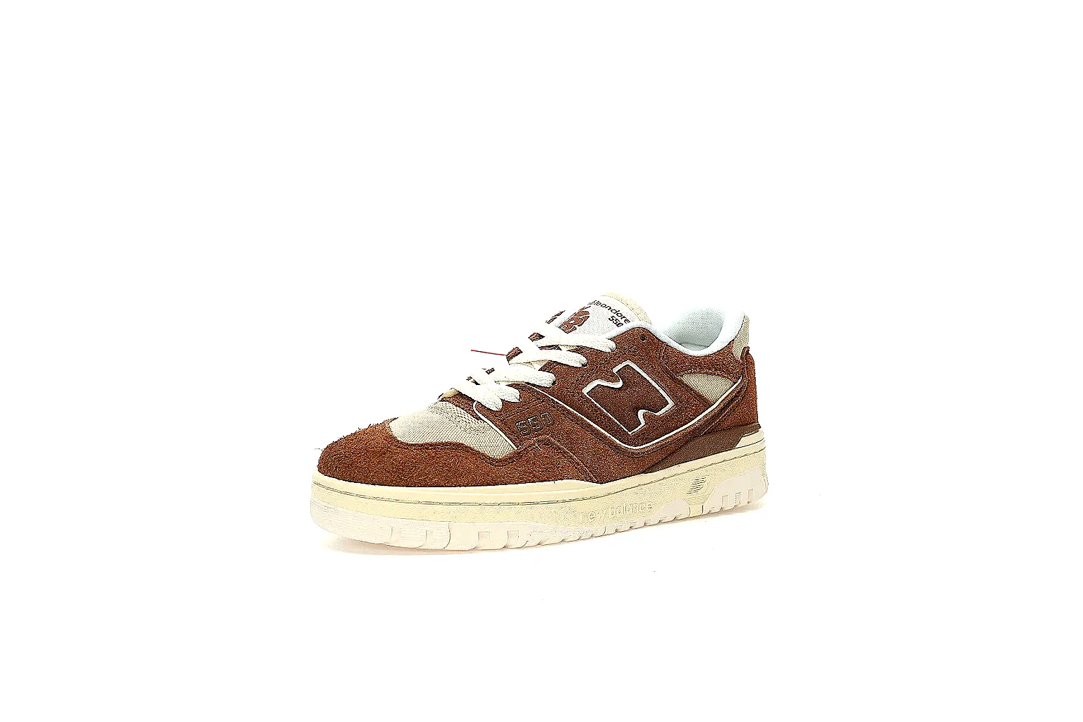 New Balance 550 brown cream suede sneaker with visible N logo and cream sole