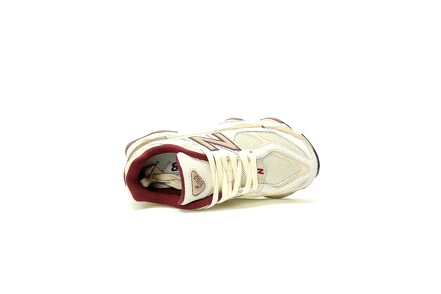New Balance 9060 cream burgundy QC proof with heel top outsole and pair views