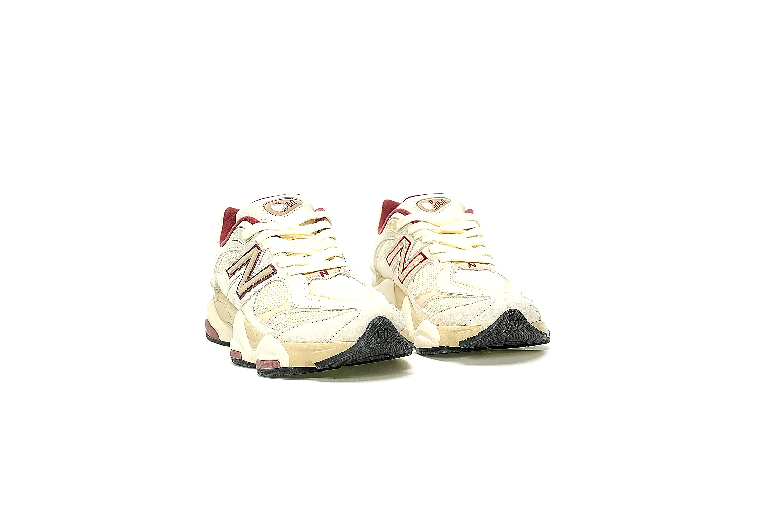 New Balance 9060 cream burgundy QC proof with heel top outsole and pair views thumbnail 4