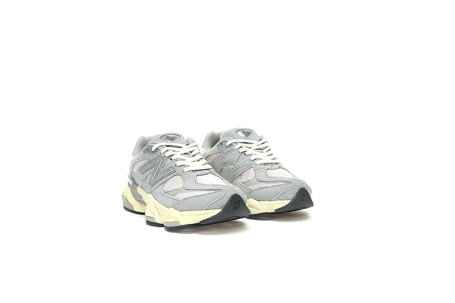 New Balance 9060 grey cream pair with visible N logo, tongue badge, and black outsole pods thumbnail 5