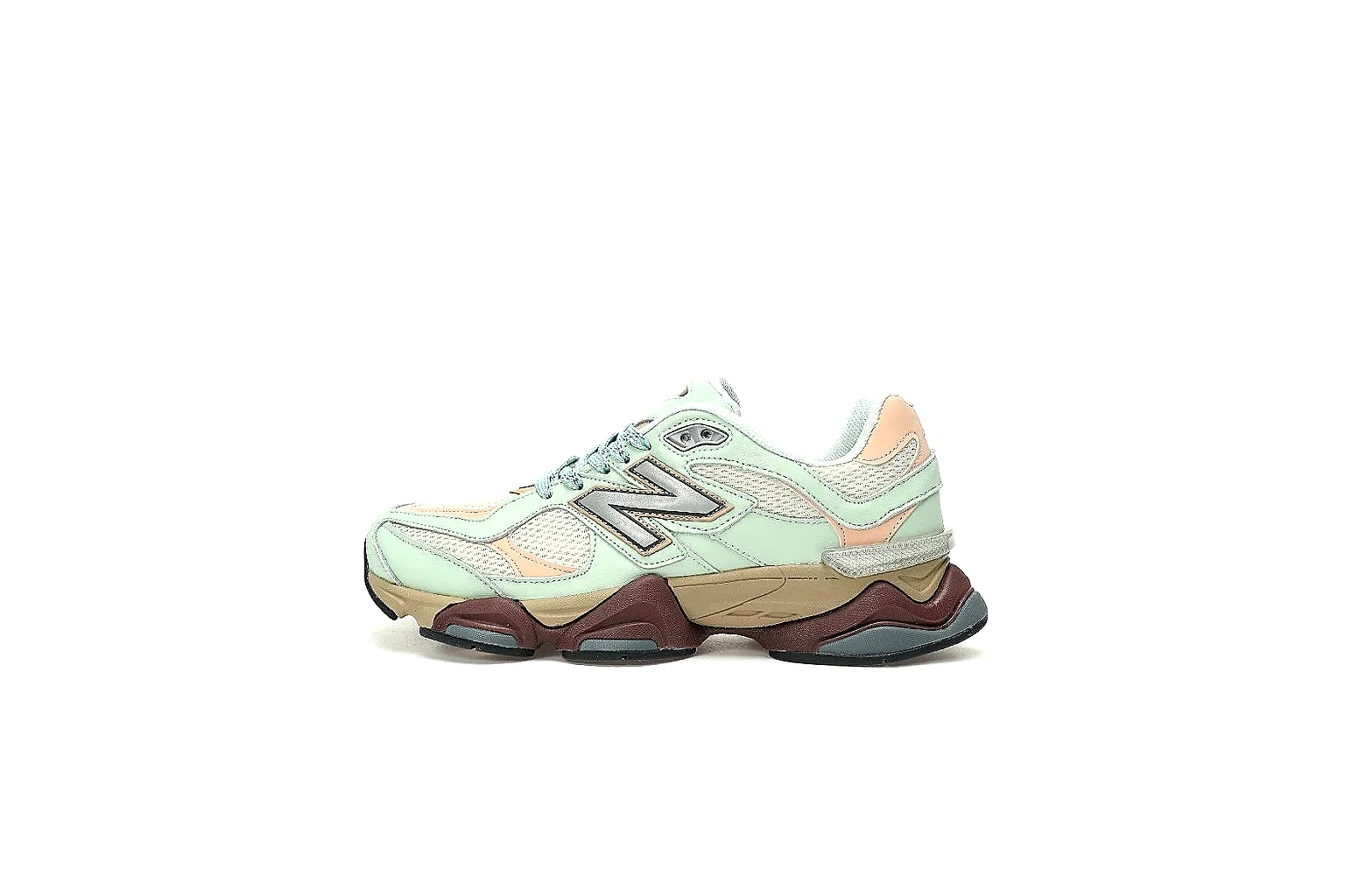 New Balance 9060 mint peach gallery with side logo and outsole QC proof