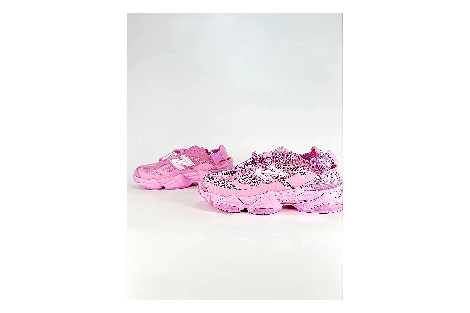 New Balance 9060 Pink Sneakers comparison signal photo with pink chunky runner sneakers with mesh-leather texture, side-profile shape, upper panel lines, and outsole detail thumbnail 5