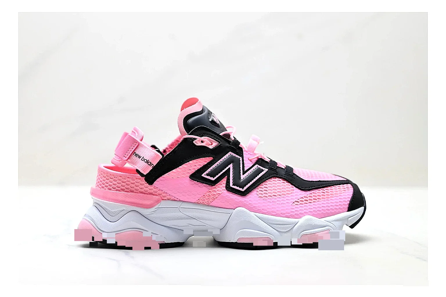 New Balance 9060 Pink Black Sneakers comparison signal photo with pink black chunky runner sneakers with mesh-leather texture, side-profile shape, upper panel lines, and outsole detail