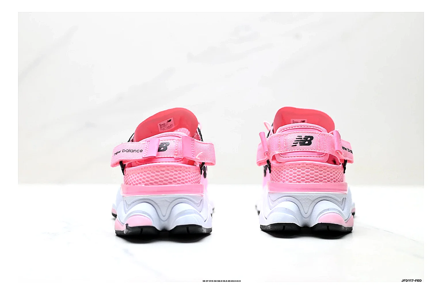 New Balance 9060 Pink Black Sneakers comparison signal photo with pink black chunky runner sneakers with mesh-leather texture, side-profile shape, upper panel lines, and outsole detail thumbnail 3