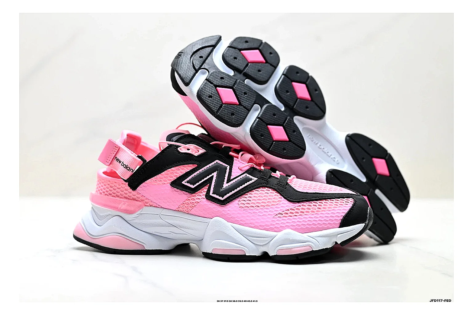 New Balance 9060 Pink Black Sneakers comparison signal photo with pink black chunky runner sneakers with mesh-leather texture, side-profile shape, upper panel lines, and outsole detail thumbnail 5