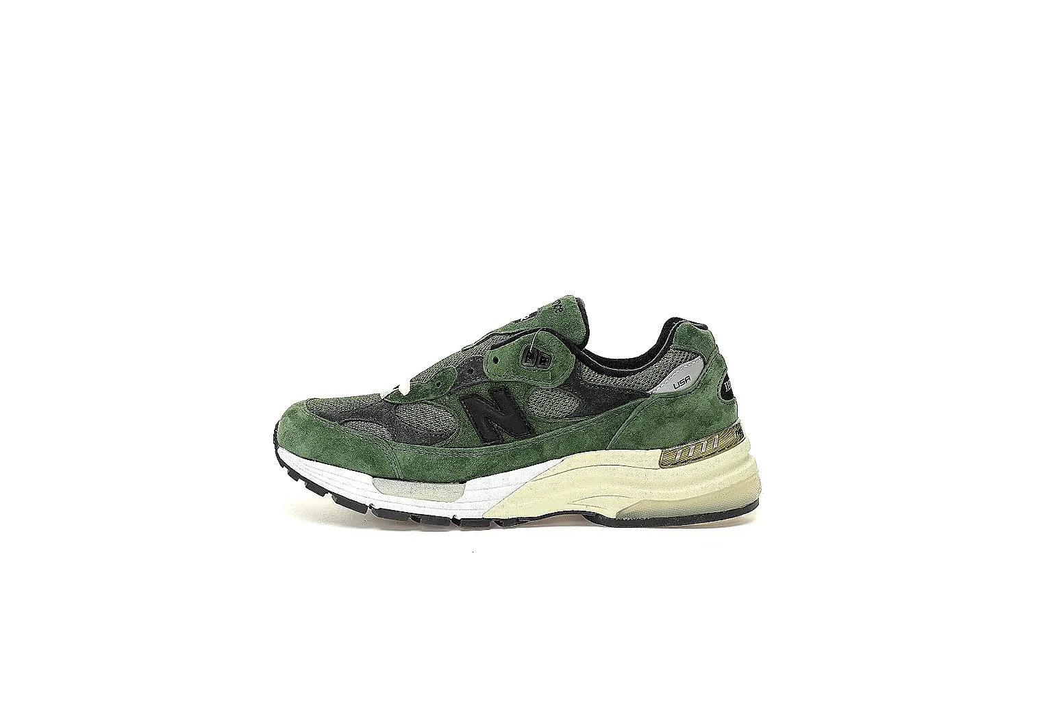 New Balance olive charcoal runner with visible side logo and cream midsole thumbnail 2