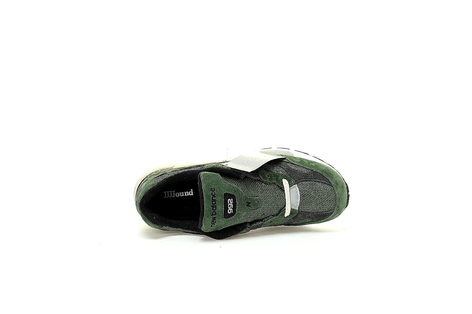 New Balance olive charcoal runner with visible side logo and cream midsole thumbnail 3