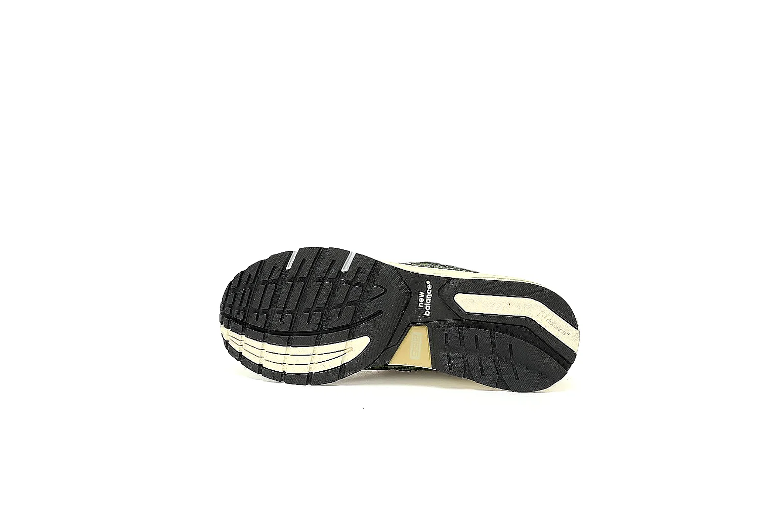 New Balance olive charcoal runner with visible side logo and cream midsole thumbnail 4