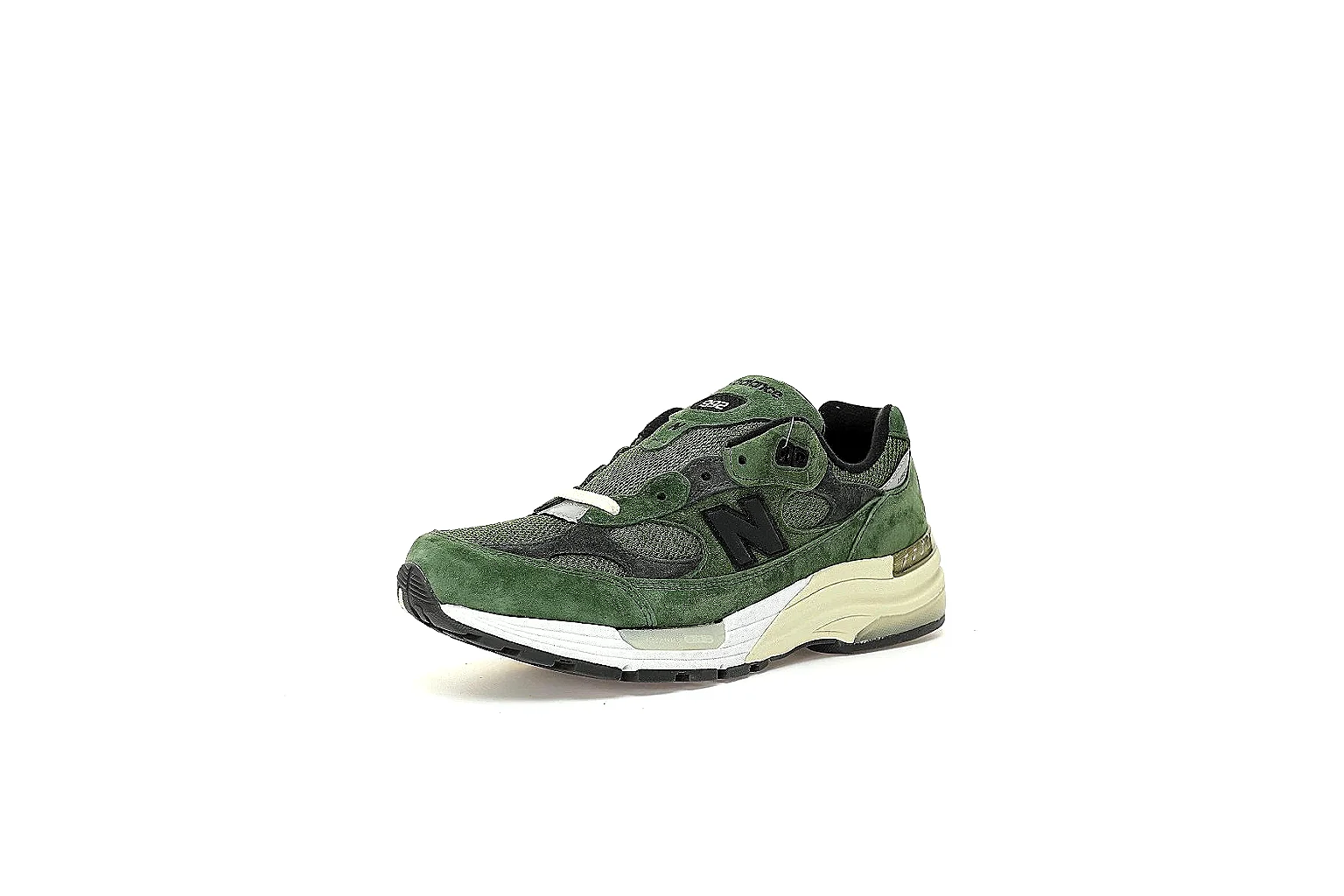 New Balance olive charcoal runner with visible side logo and cream midsole thumbnail 6