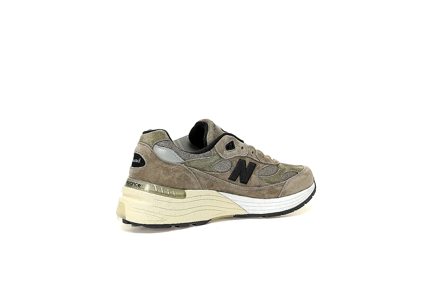 New Balance 992 taupe olive gallery with side rear top outsole and pair QC views