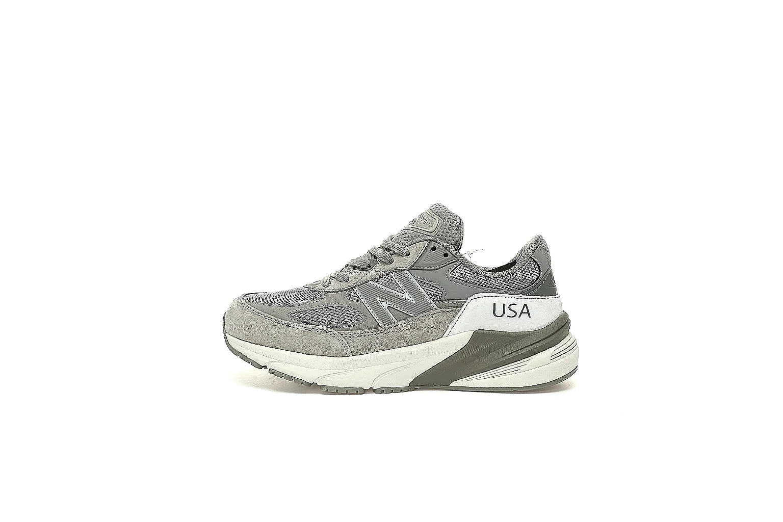 New Balance grey 993 style runner with visible N logo and USA heel proof thumbnail 2