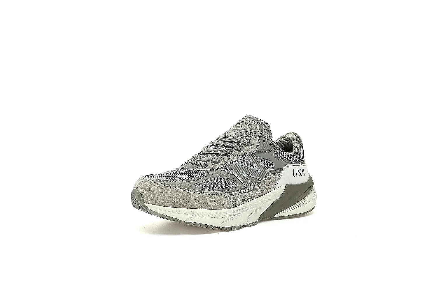 New Balance grey 993 style runner with visible N logo and USA heel proof thumbnail 6