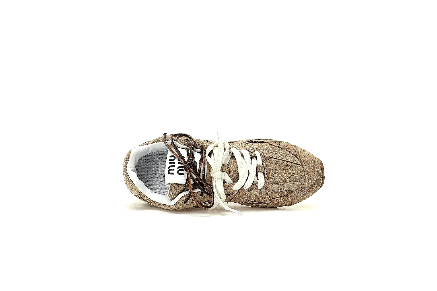 New Balance tan suede-textured low runner side view with gum outsole proof thumbnail 3