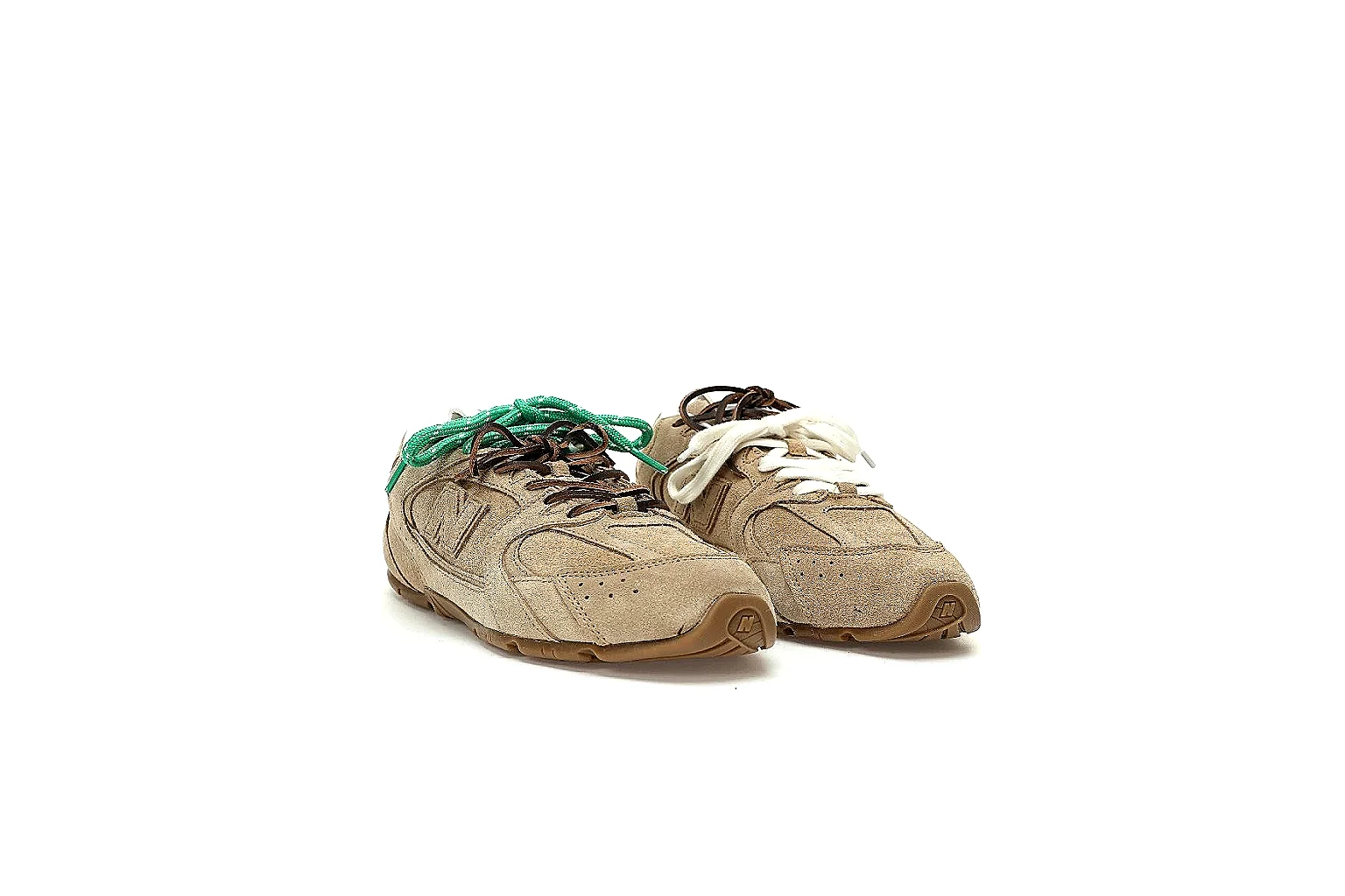 New Balance tan suede-textured low runner side view with gum outsole proof thumbnail 5