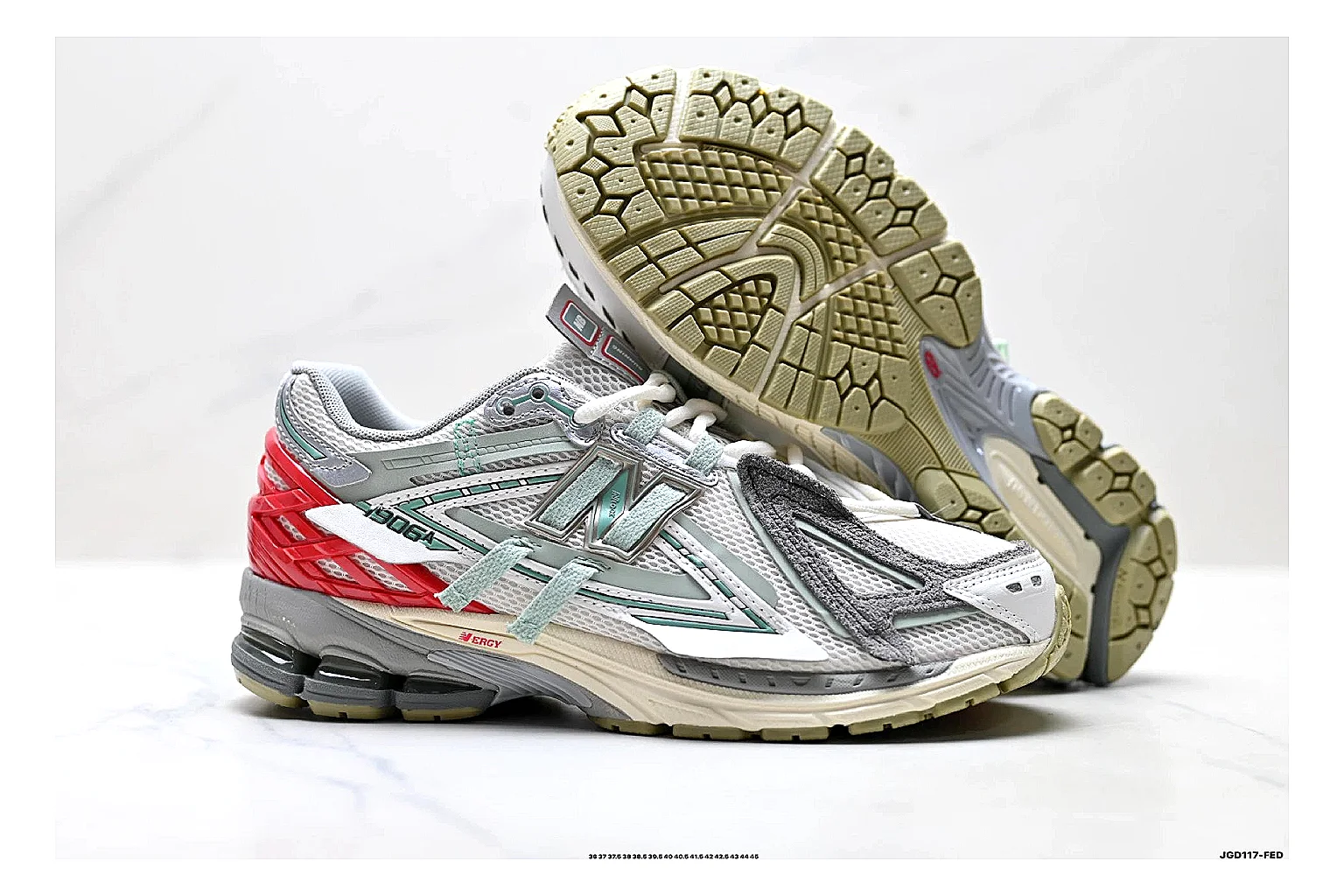 New Balance M1906 Silver Red Sneakers comparison signal photo with silver red retro runner sneakers with mesh-leather texture, side-profile shape, upper panel lines, and outsole detail thumbnail 5