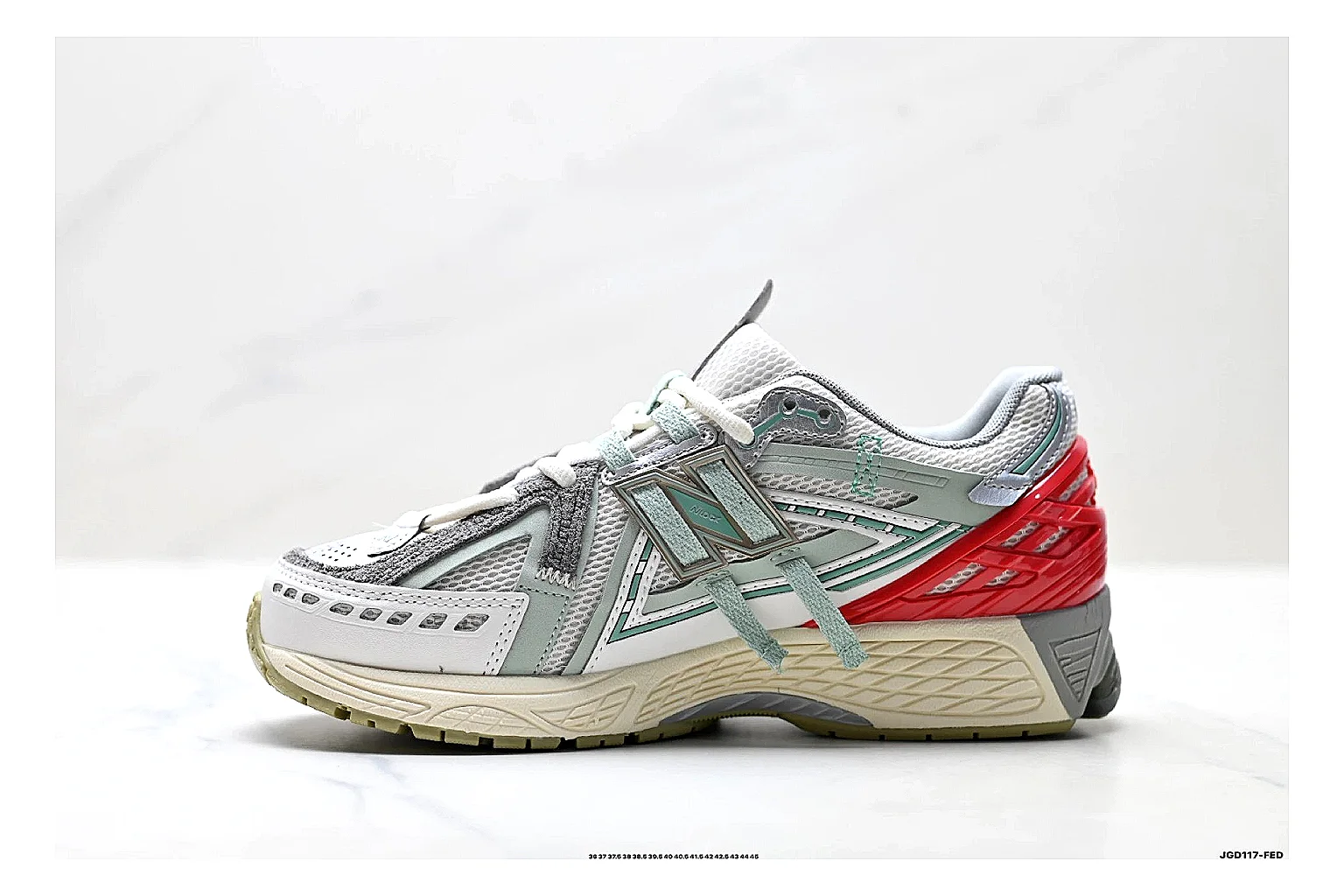 New Balance M1906 Silver Red Sneakers comparison signal photo with silver red retro runner sneakers with mesh-leather texture, side-profile shape, upper panel lines, and outsole detail thumbnail 6