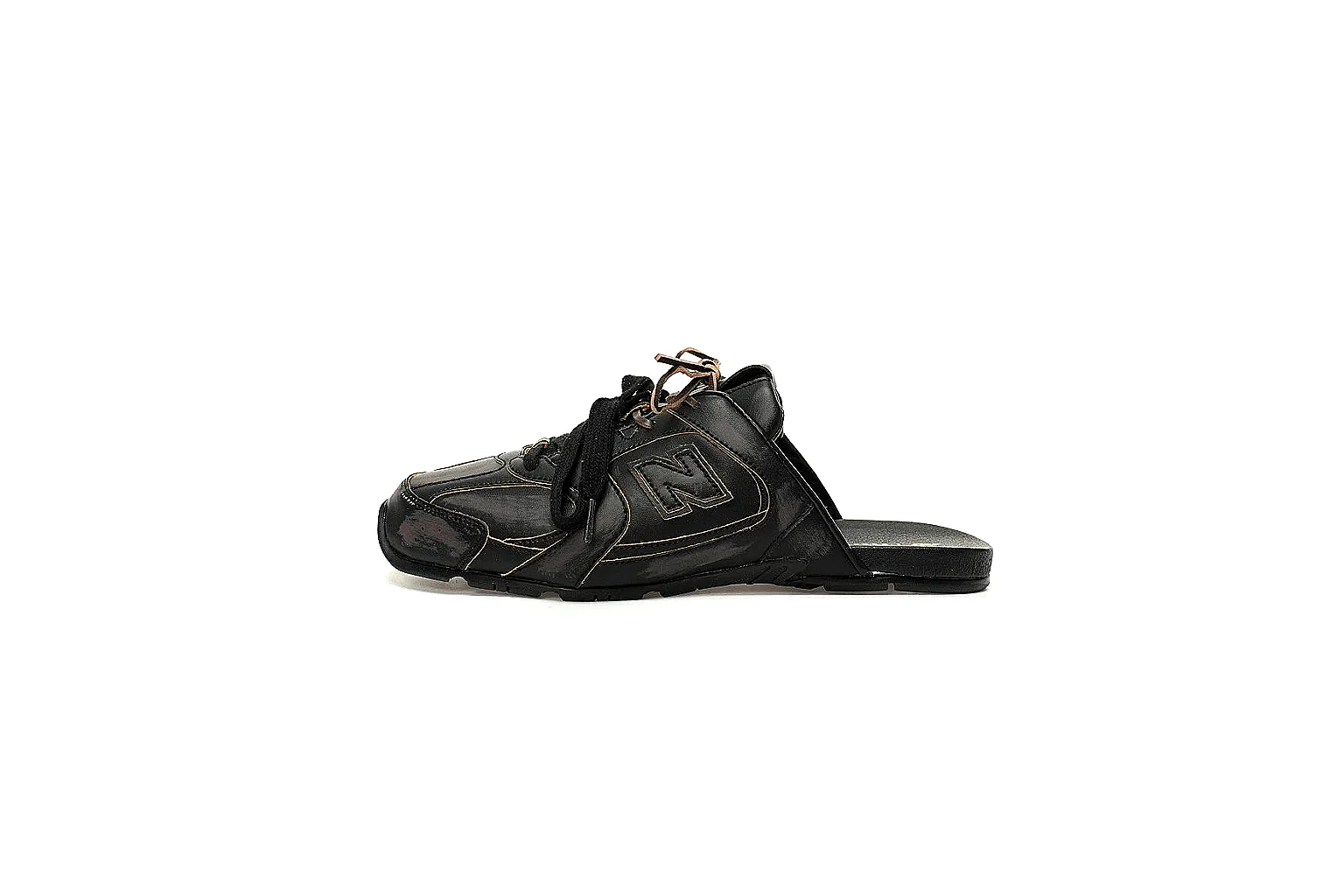 Black New Balance x Miu Miu mule trainer with visible side logo and glossy panels thumbnail 2