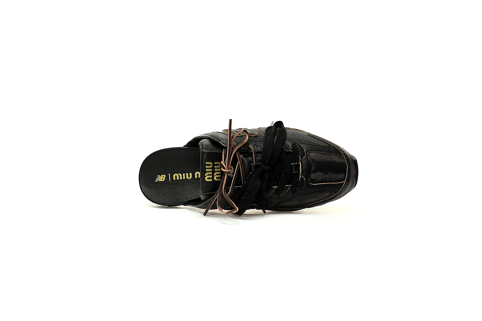 Black New Balance x Miu Miu mule trainer with visible side logo and glossy panels thumbnail 3