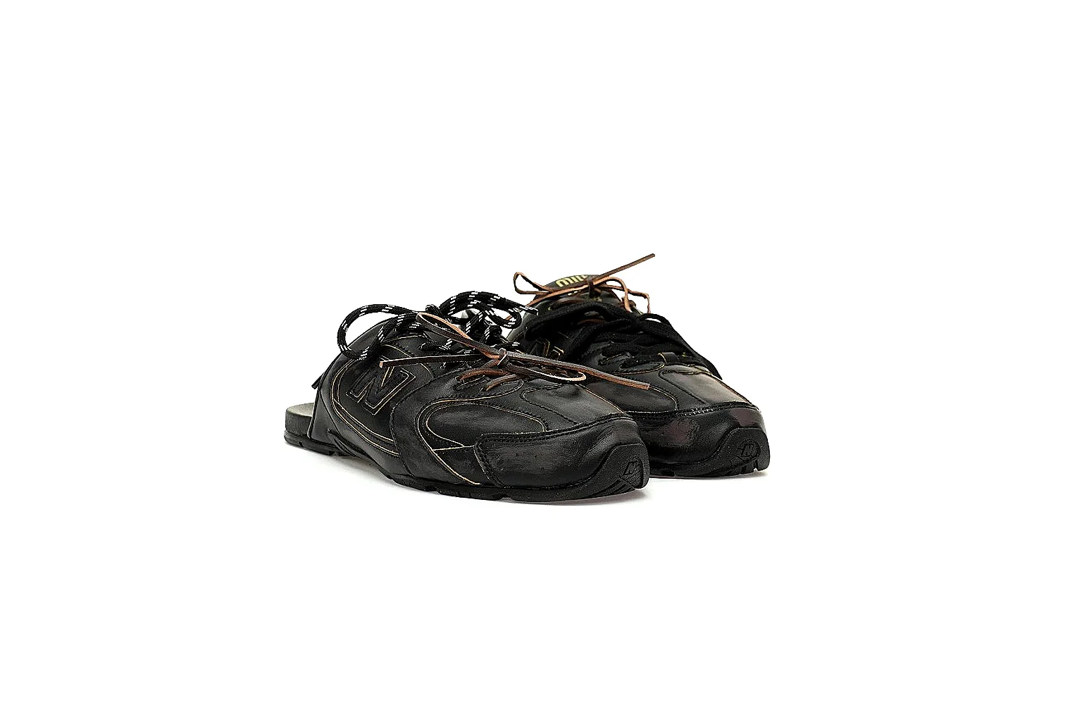 Black New Balance x Miu Miu mule trainer with visible side logo and glossy panels thumbnail 5