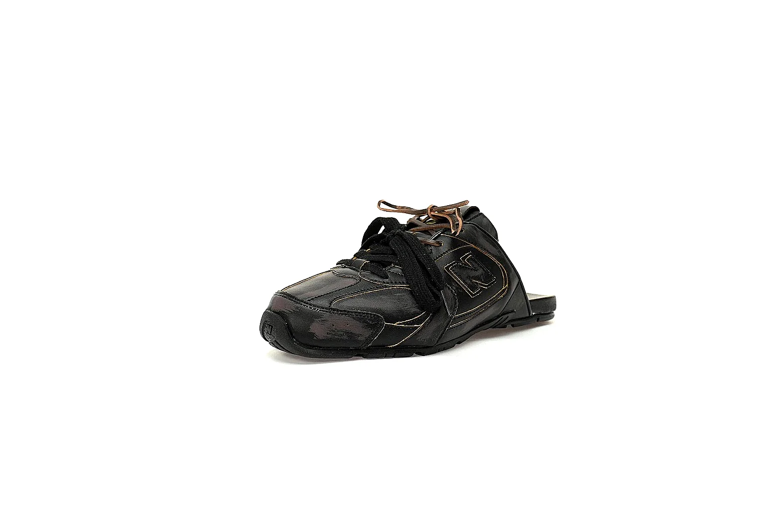 Black New Balance x Miu Miu mule trainer with visible side logo and glossy panels thumbnail 6