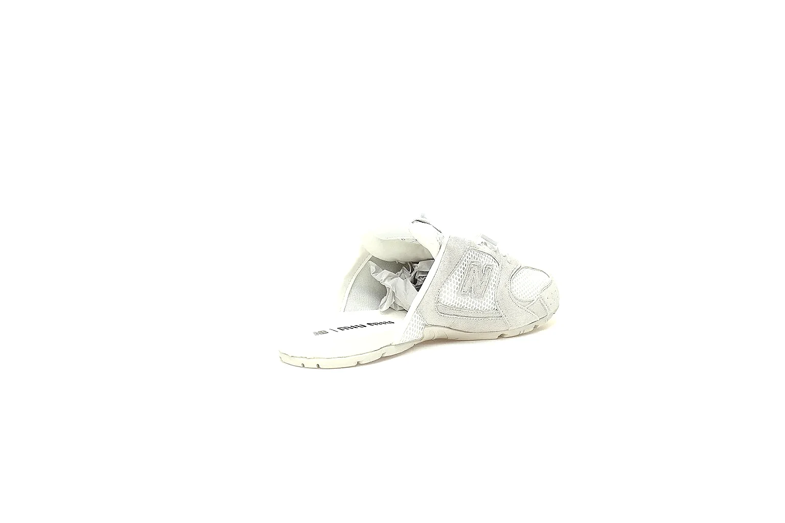 New Balance x Miu Miu white mule gallery with side logo and outsole QC views