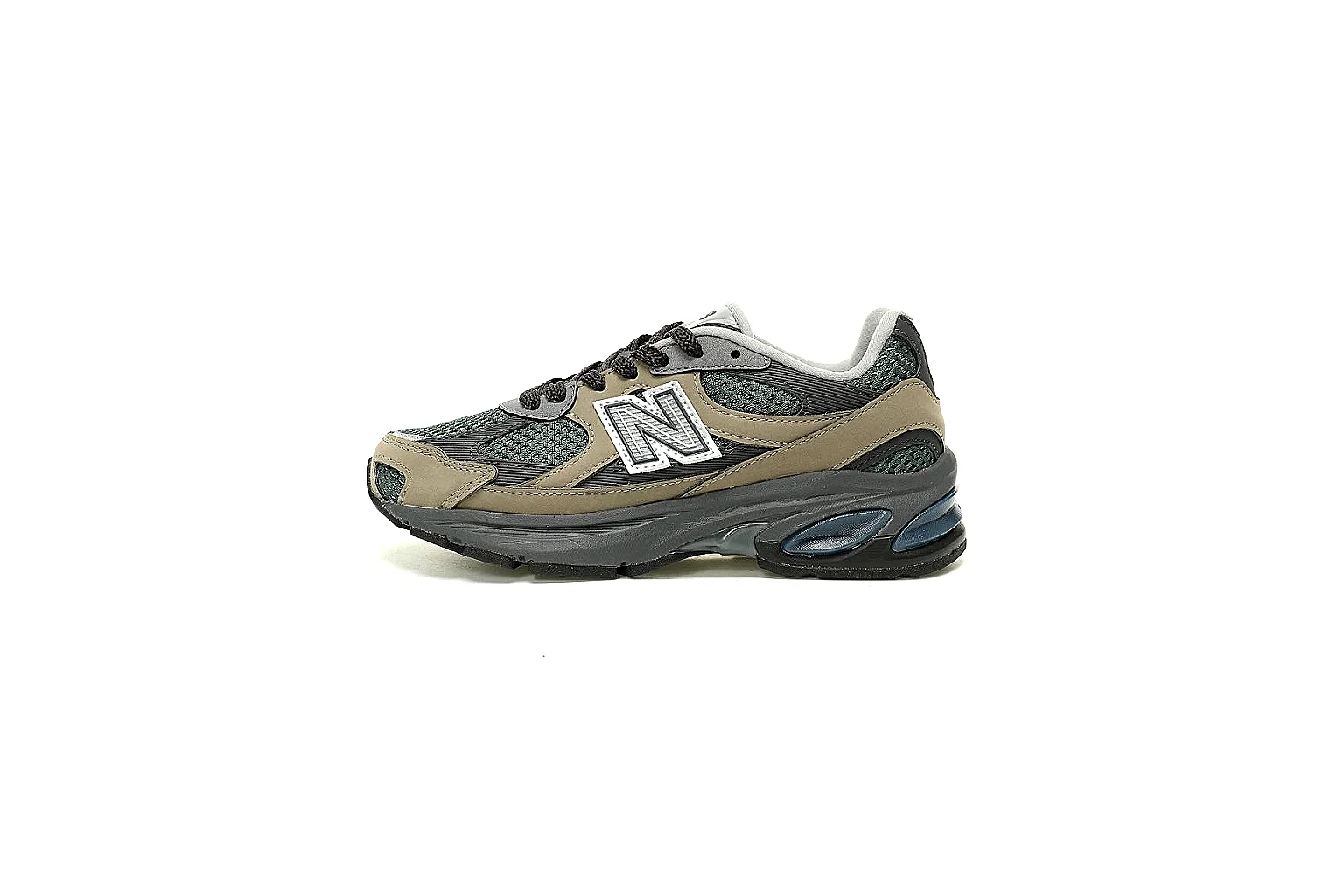 New Balance olive taupe runner with visible N logo and sculpted dark midsole thumbnail 2