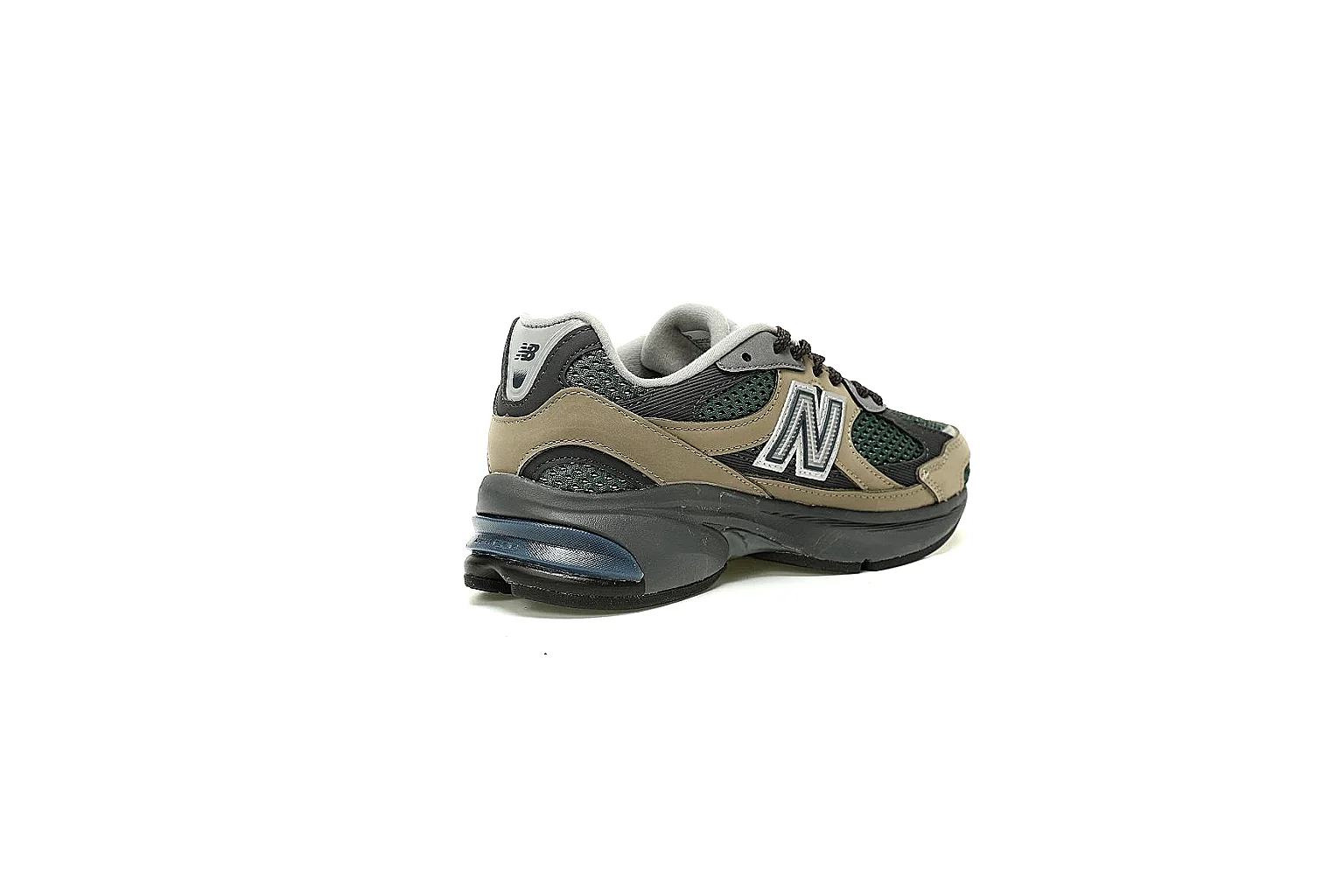 New Balance olive taupe runner with visible N logo and sculpted dark midsole
