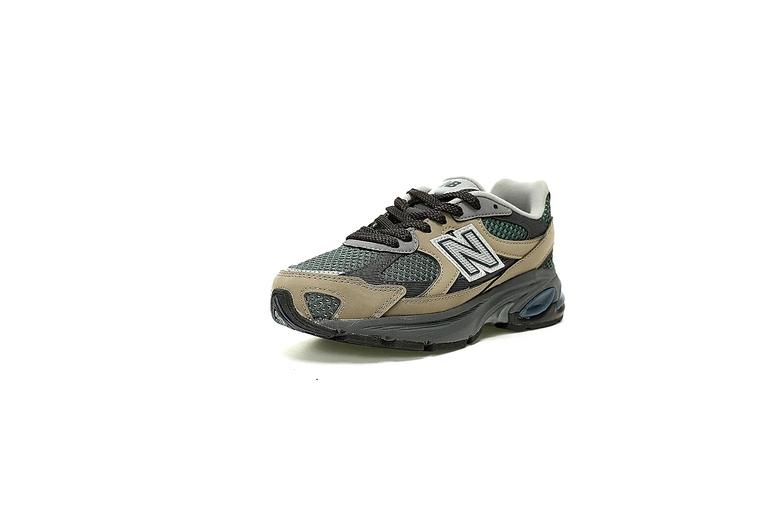 New Balance olive taupe runner with visible N logo and sculpted dark midsole thumbnail 6