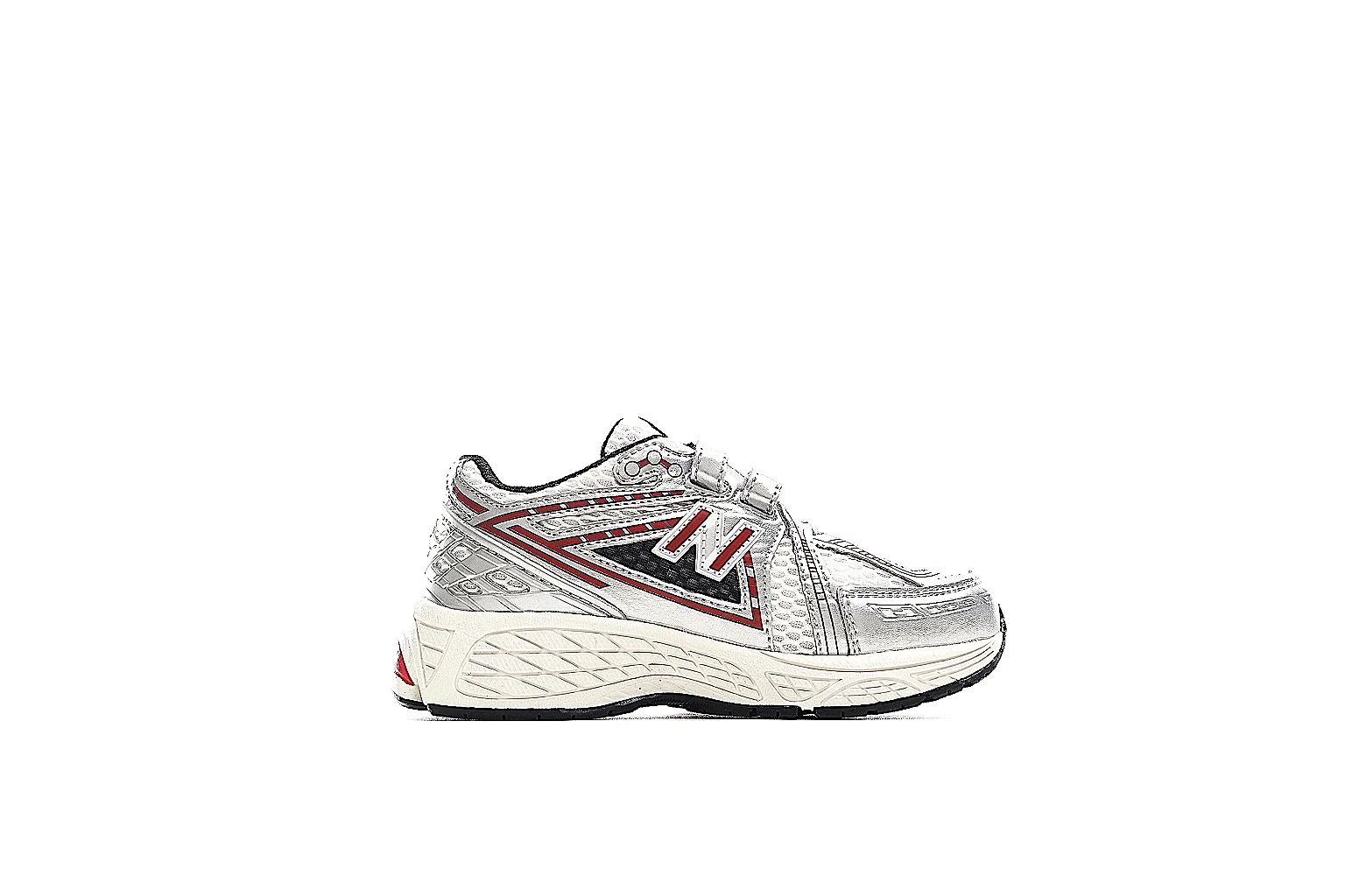 New Balance 874113001 white silver red strap runner QC comparison angles